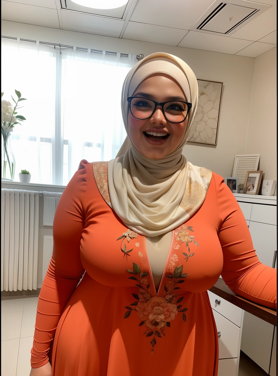 Portrait photo of a matured chubby malay girl, curvy, (laughing:1.2), hijab,malaysian, posing, look at a camera, nerd, spectacle, wear white shirt and short pleated skirt, wearing glasses, full body, room background, big breast,nighttime, backlit, epic realistic, hyper detailed, detailed skin texture, mole below eye, natural skin texture, mole in body, insane details, intricate details, accent lighting, soft volumetric light, bokeh, (dramatic light:1.2), (neutral colors:1.3), cross process, living room background, ((detailed realistic face and eyes)), good lighting, 8K resolution, Legs Wide Open, spread Legs, lying on bed, Liquid from the Crotch, Blushing, fat, wet body, wet cleavage, very wet body with water, ((GIGANTIC BREAST)), ((GIGANTIC TIT)), ((HEAVY BOOTY)), ((HEAVY BREAST)),