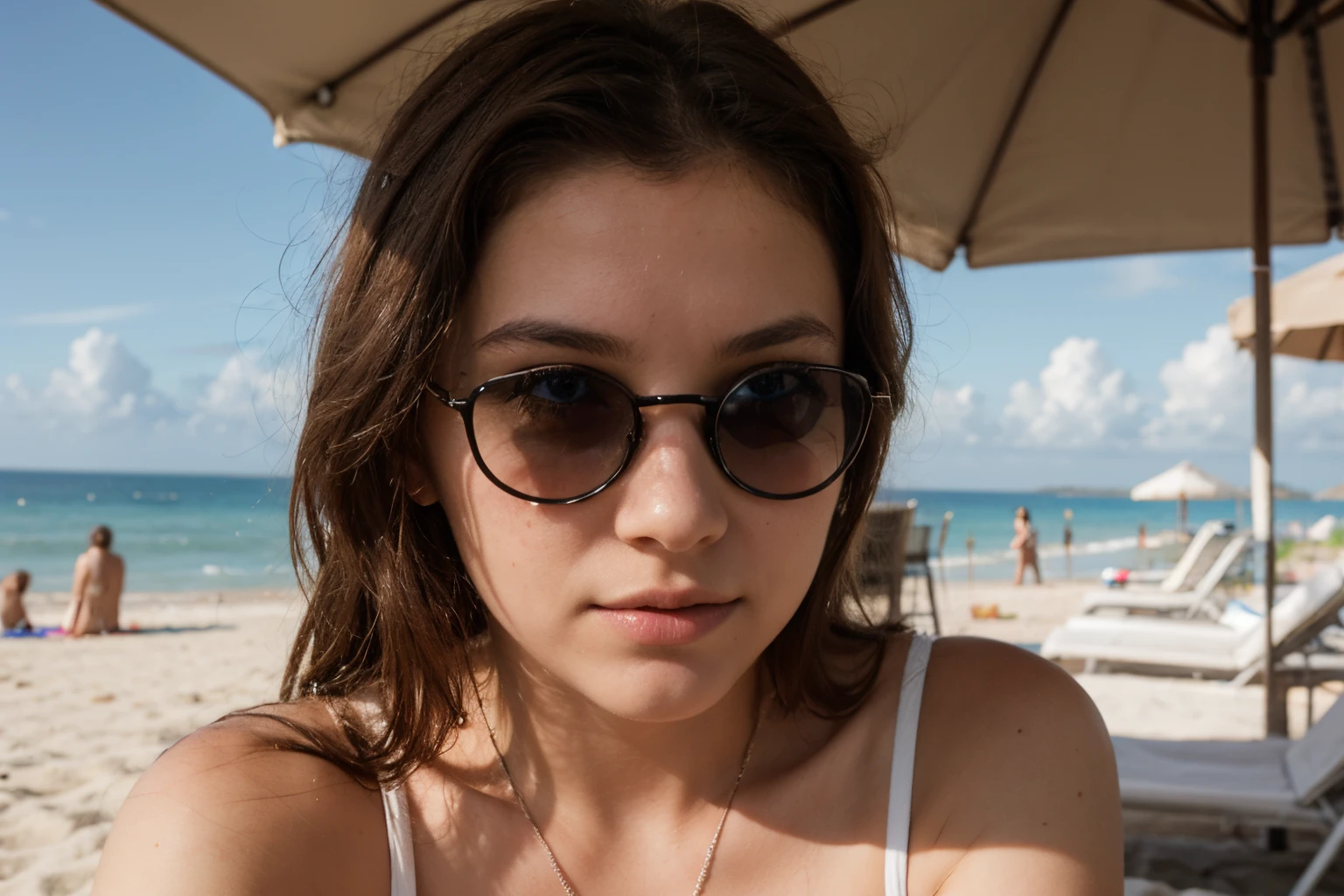 photography of a 20yo woman, a perfect face, blue_eyes, masterpiece, beach, sunglass