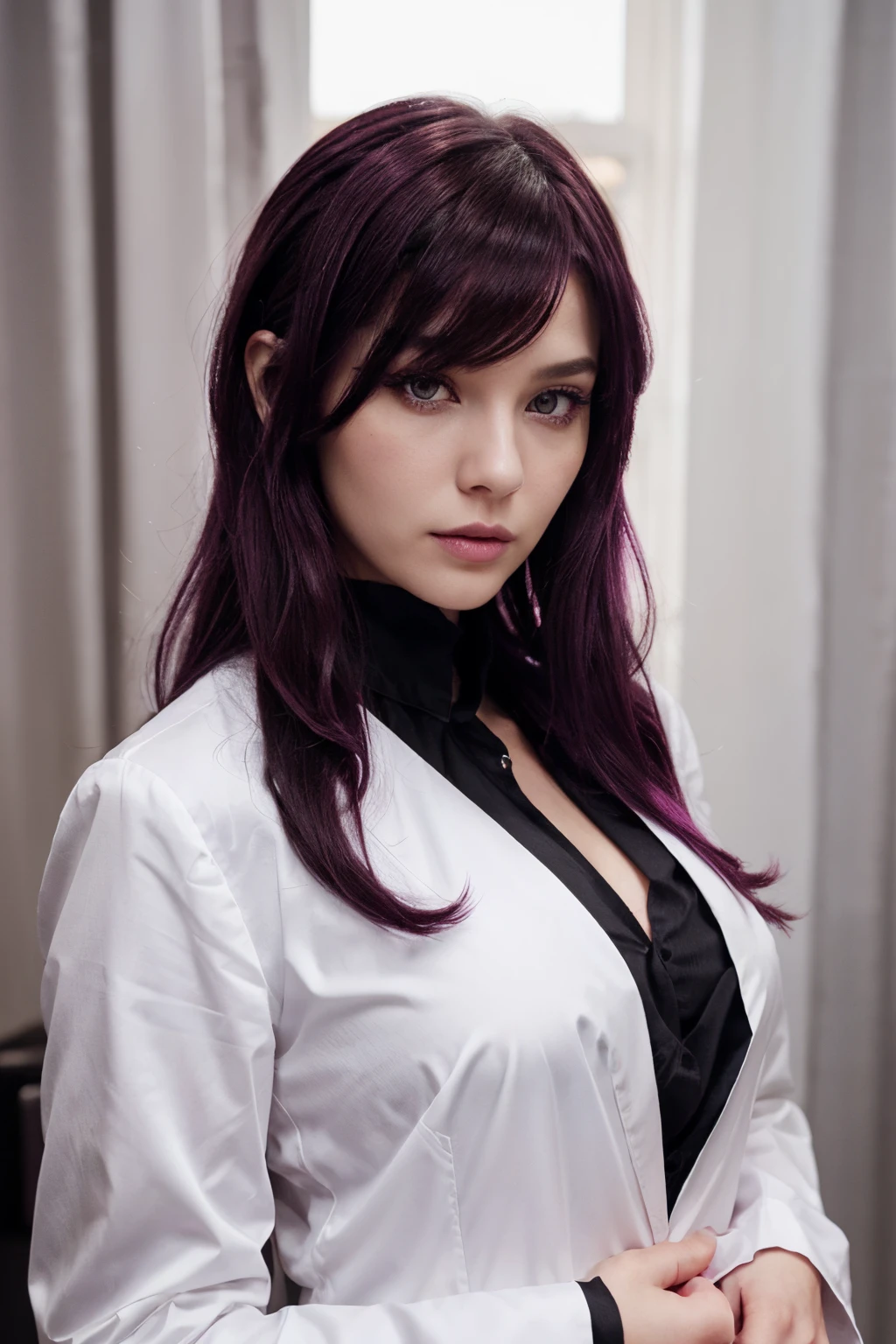 dark magenta hair, wolf cut hair with curtain bangs, long hair that is tied, perfect face, magente eye color, magenta lenses, fair skin, white formal shirt, black gloves, black jacket, attractive white female, realistic