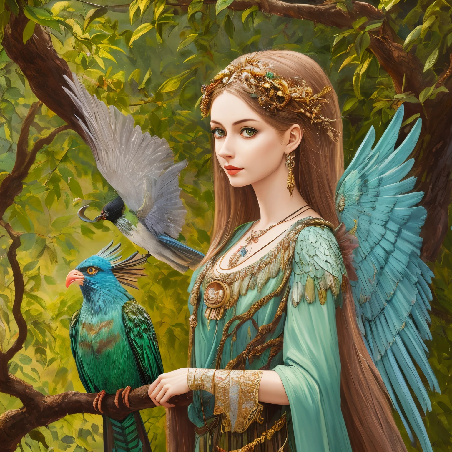 painting of a bird woman on a branch, Oil painting, 4K, Harpy woman, Sirin bird, bird woman, bird with a woman's head, Fantasy Victorian art, winged bird woman, Slavic mythology, Sirin