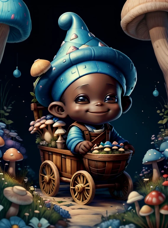 (cute black baby boy gnome smiling in blue pulls a pushcart with mushrooms and flowers) Munchkin ,Geometric multidimensional wall portrait, livro de arte, Tchibi,
Yang08k, Beautiful, Colouring,
Obras, of the highest quality, best quality, Arte Oficial, Beautiful and Aesthetic,