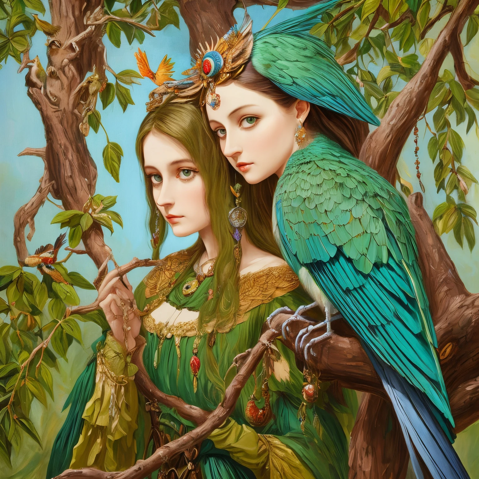 painting of a bird woman on a branch, Oil painting, 4K, Harpy woman, Sirin bird, bird woman, bird with a woman's head, Fantasy Victorian art, winged bird woman, Slavic mythology, Sirin