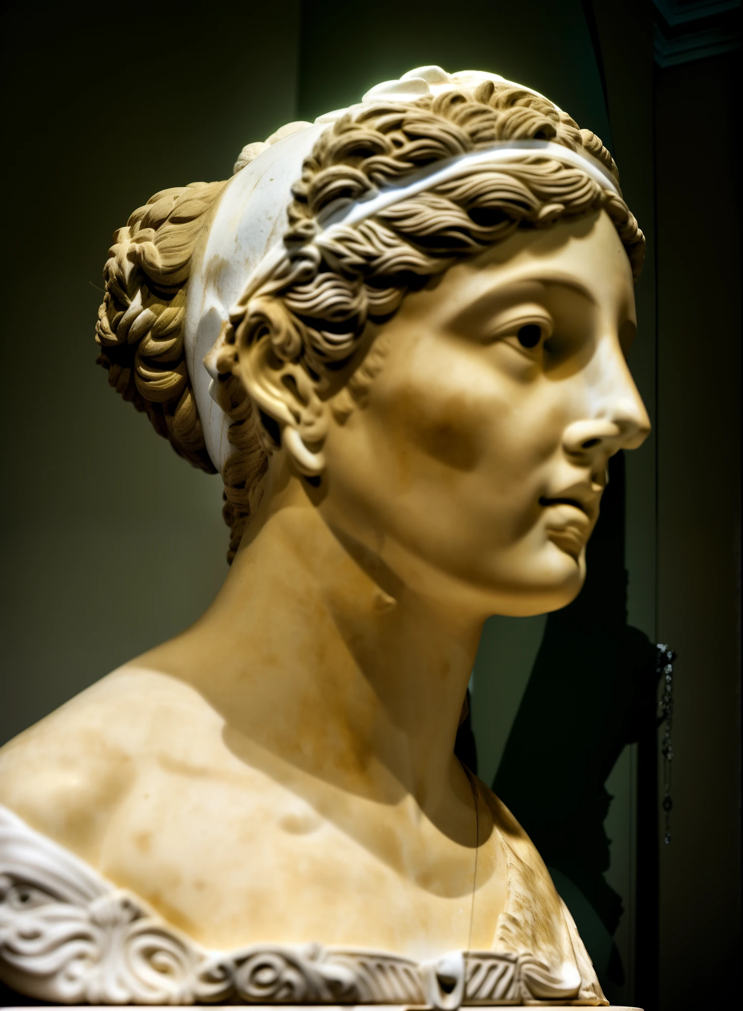 arafed statue of a woman with a head scarf on, sculpture of persephone, portrait of teenage aphrodite, bust with a beautiful neck, bust with a long beautiful neck, greek godness portrait sculpture, statue of venus callipygian, female head, female face and bust, bust, greek sculpture, an ancient greek statue, aphrodite