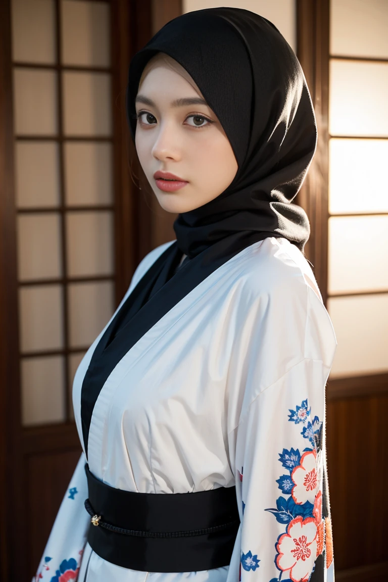 (Best quality, masterpiece, ultra-detail, extremely ultra detailed 8k CG), 1girl, mature female, realistic babe, kimono, Japanese clothes, (hijab), Create an illustration featuring a mature female, realistically depicted, wearing a traditional Japanese kimono, with a hijab covering all her hair – a unique blend of cultural elements and diverse representation, professional lighting, front lighting,upper body, serious expressions, emotionless, looking to viewer,