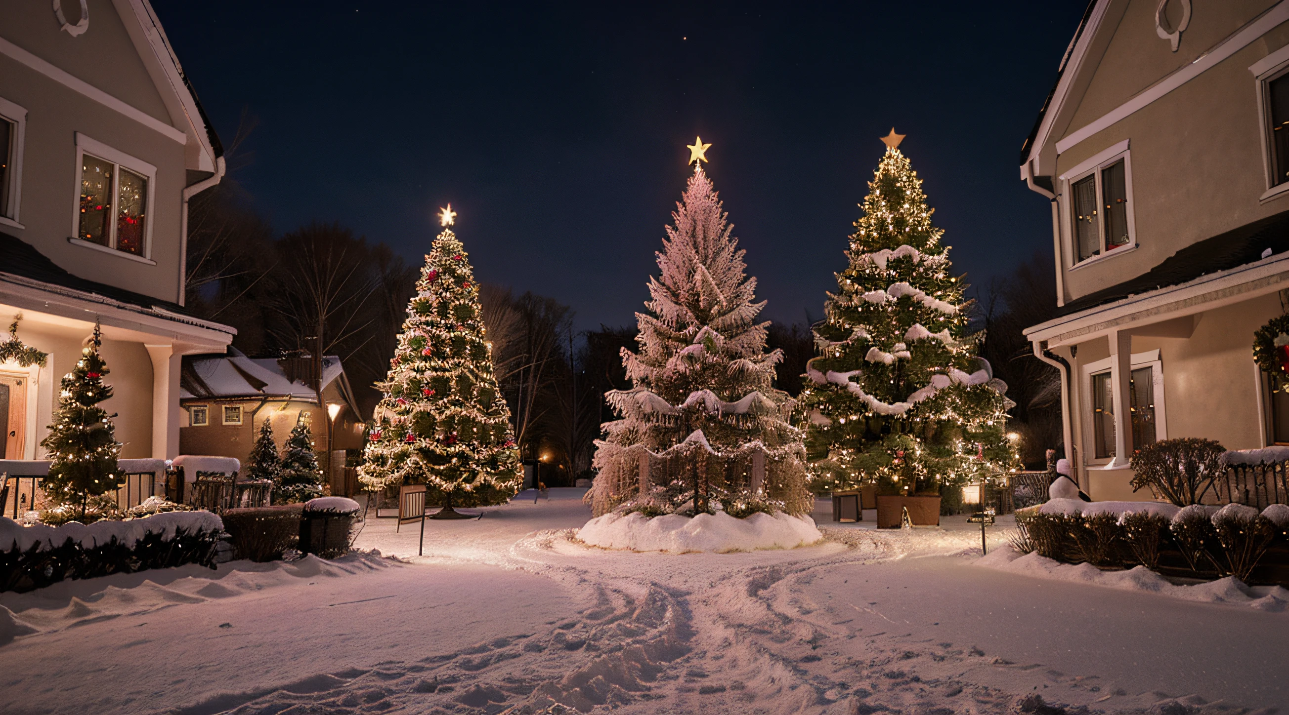 Pink Christmas with house tree decoration, houses with Christmas magic and snow with Christmas tree background.Digital Artie
