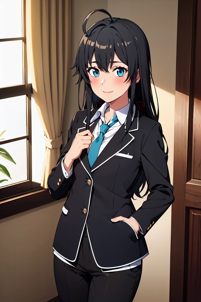 masterpiece, best quality, highres, absurdres, yukinoshita_yukino, 1girl, ahoge, black hair, aqua eyes, red ribbon, anime , yukinoshita yukino in a suit and tie standing in front of a window, 1girl, solo, necktie, black hair, blue eyes, long hair, smile, jacket, looking at viewer, shirt, pants, blue necktie, collared shirt, white pants, white shirt, indoors, bangs, long sleeves, closed mouth, window, black jacket, blush, cowboy shot, formal, suit