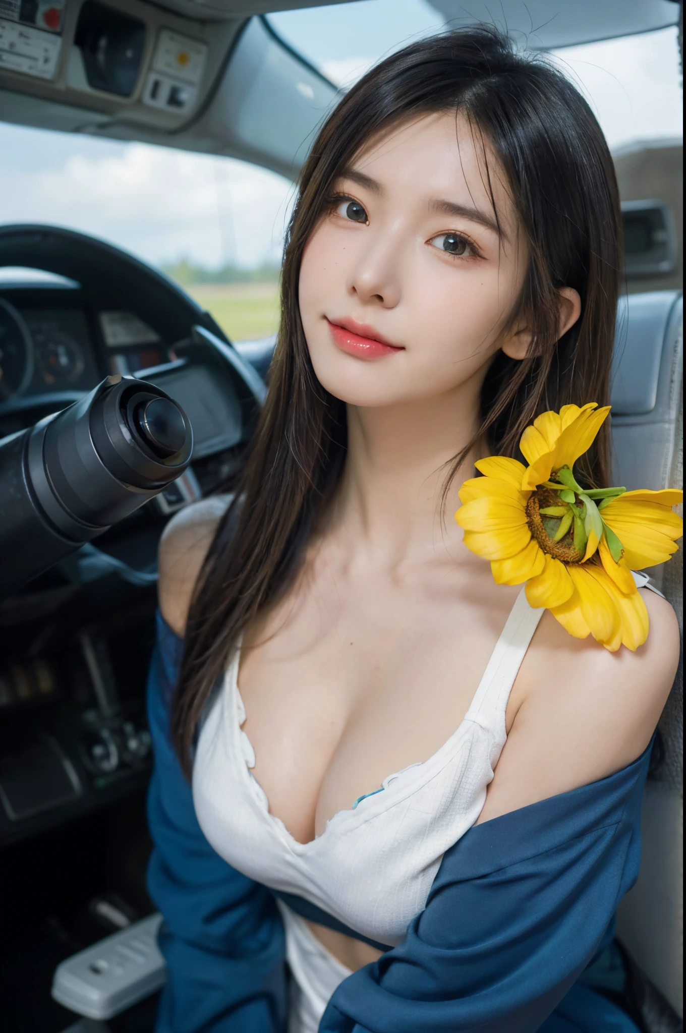 10, beste-Qualit, master-piece, ultra-high resolution, (Realism: 1.4), Japan girls, Black nurse uniform torn, green eye pupil, In the cockpit of Mecha...., Cloudy background, Dark clouds, lightning, History of the Air Battlefield, Plane crash, Flying anti-aircraft missiles, Flame explodes, Mechanically created birds, Real Women, cleavage, real face, Cute Girl, smile, Perfect Cyborg Girl, Wear red sci-fi headphones, A Beautiful Girl , Beautiful cyborg girl stands seductively., Very long blue hair..., a android, CG, There is a wound on the shoulder..., There is bright sunlight behind..., holding yellow flowers
