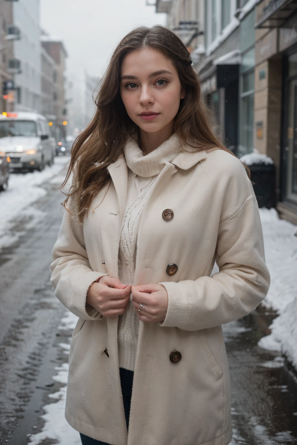 professional portrait photograph of a gorgeous blond girl in winter clothing with long wavy blonde hair, a sultry flirty look, a gorgeous symmetrical face, cute natural makeup, wearing elegant warm winter fashion clothing, ((standing outside in snowy city street)), stunning modern urban environment, ultra realistic, concept art, elegant, highly detailed, intricate, sharp focus, depth of field, f/1. 8, 85mm, medium shot, mid shot, (((professionally color graded))), bright soft diffused light, (volumetric fog), trending on instagram, hdr 4k, 8k