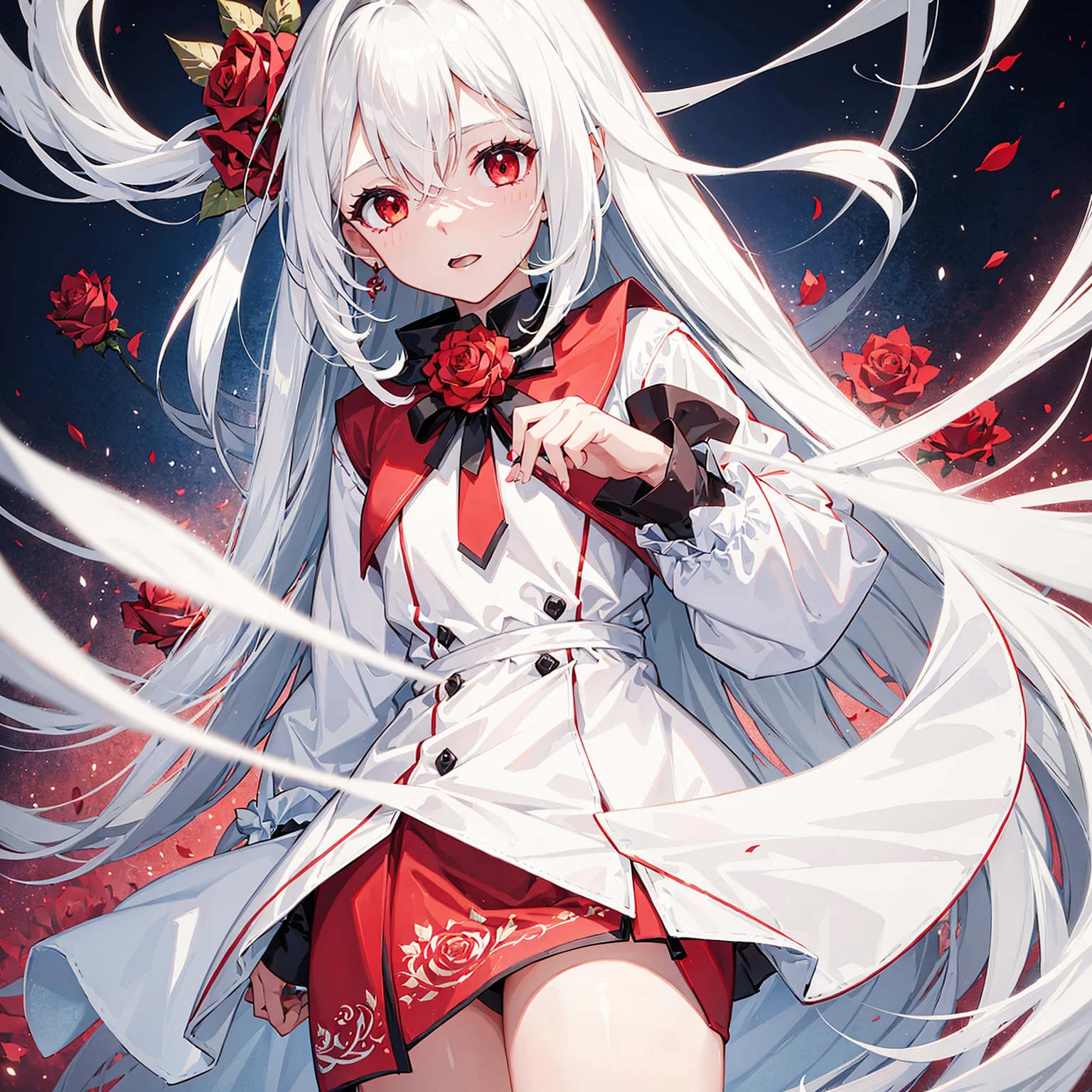 1 girl,long white hair,red eyes,wearing a short dress,rose motif