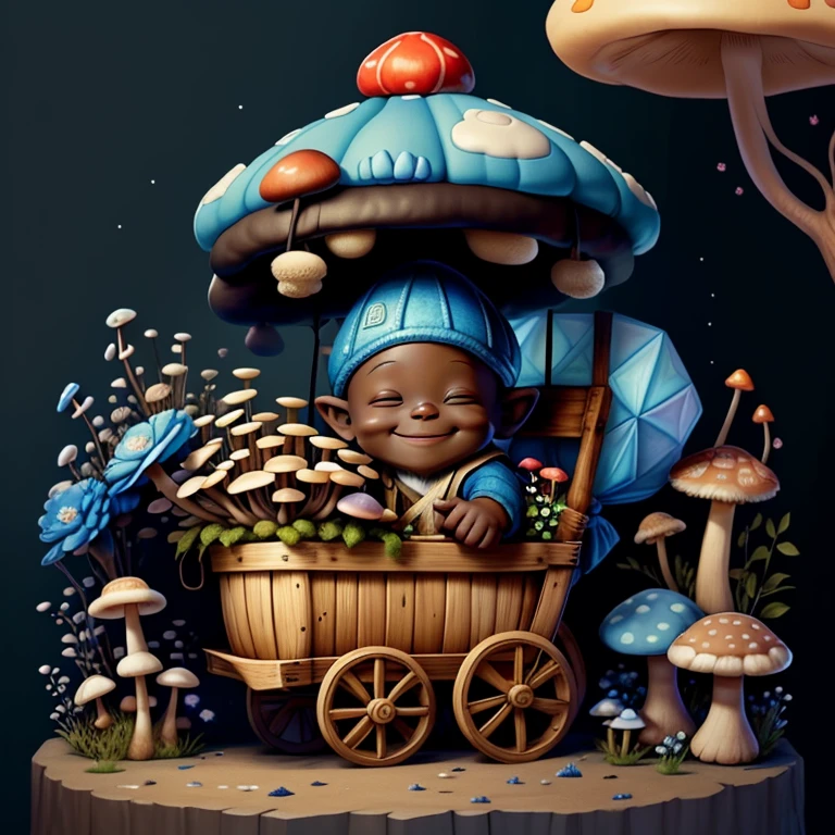 (cute black baby boy gnome smiling in blue pulls a pushcart with mushrooms and flowers) Munchkin ,Geometric multidimensional wall portrait, livro de arte, Tchibi,
Yang08k, Beautiful, Colouring,
Obras, of the highest quality, best quality, Arte Oficial, Beautiful and Aesthetic,