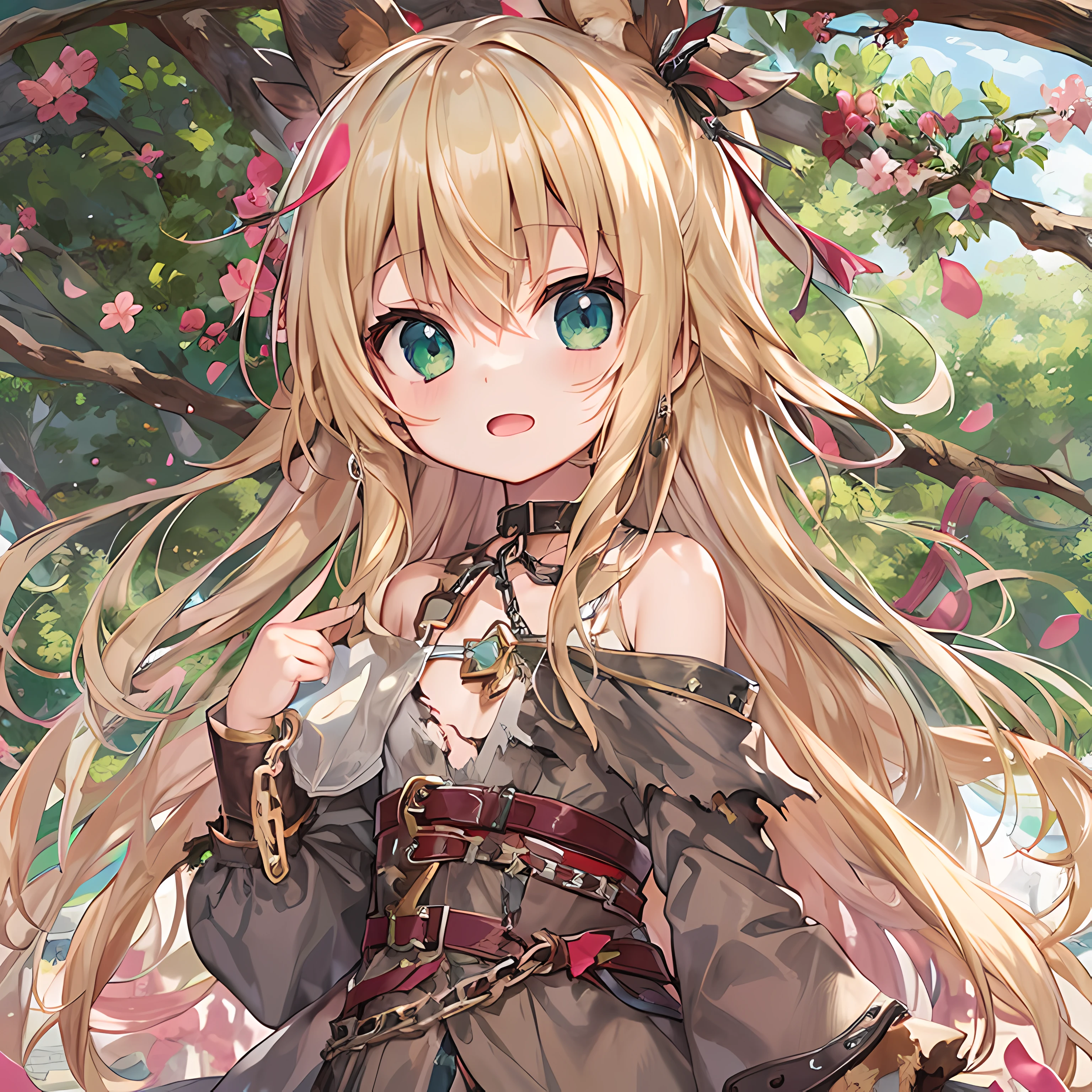 (high quality) Single anime girl, long blond hair, torn brown rags as clothes, green eyes, li, chpetite ure, flat chest, fantasy setting, chain collar around neck