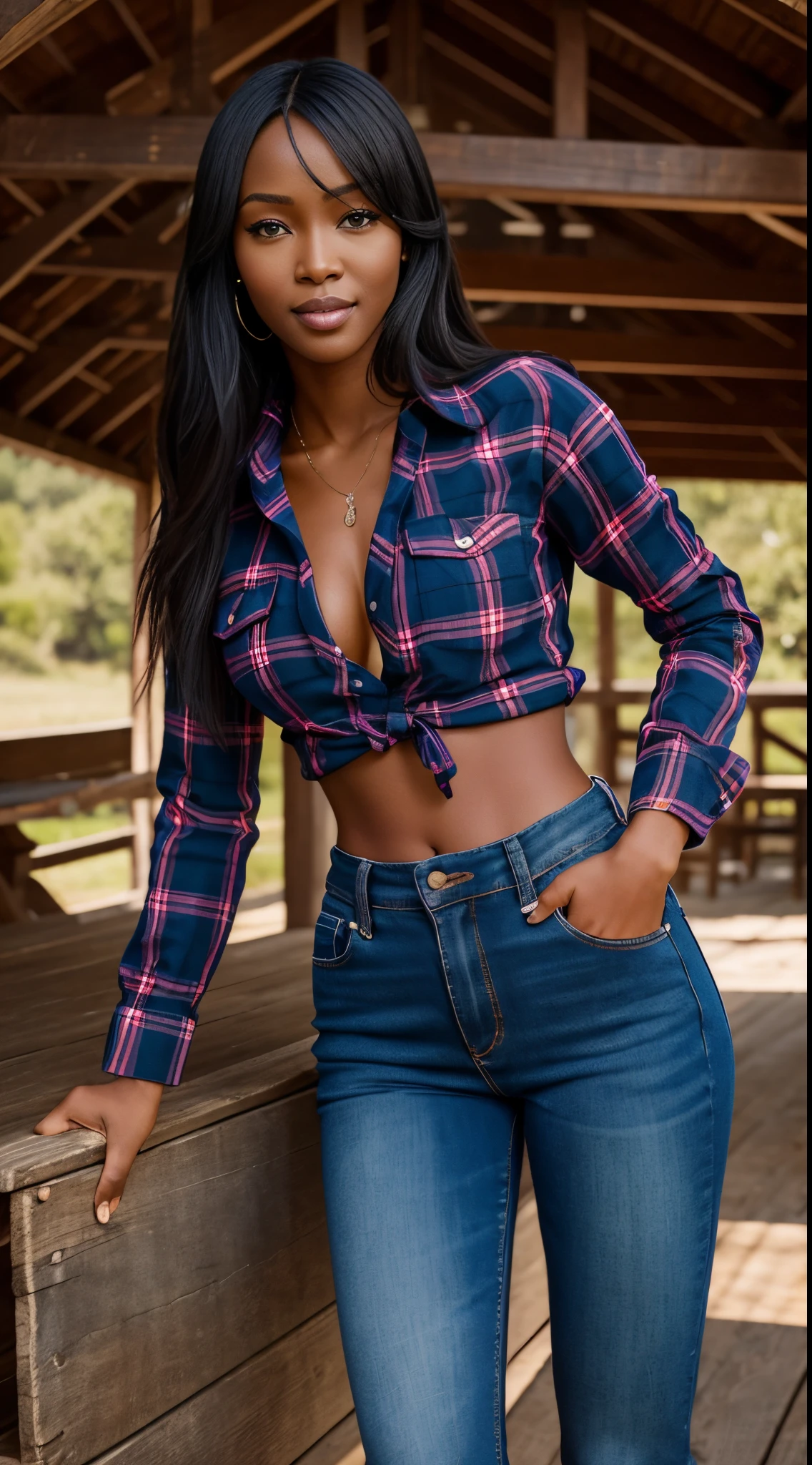 Foto hiperrealista en primer plano de Naomi Campbell, masterpiece, best quality, (photorealistic:1.4), full body, (blue plaid flannel shirt:1.1) and (blue jeans:1.1), (boots:1.2), on the ranch, sunny day cinematic light, beautiful woman, skinny, medium breasts, black long hair, detailed face, smile, facing the camera, photo taken from a distance, age of 18 years old