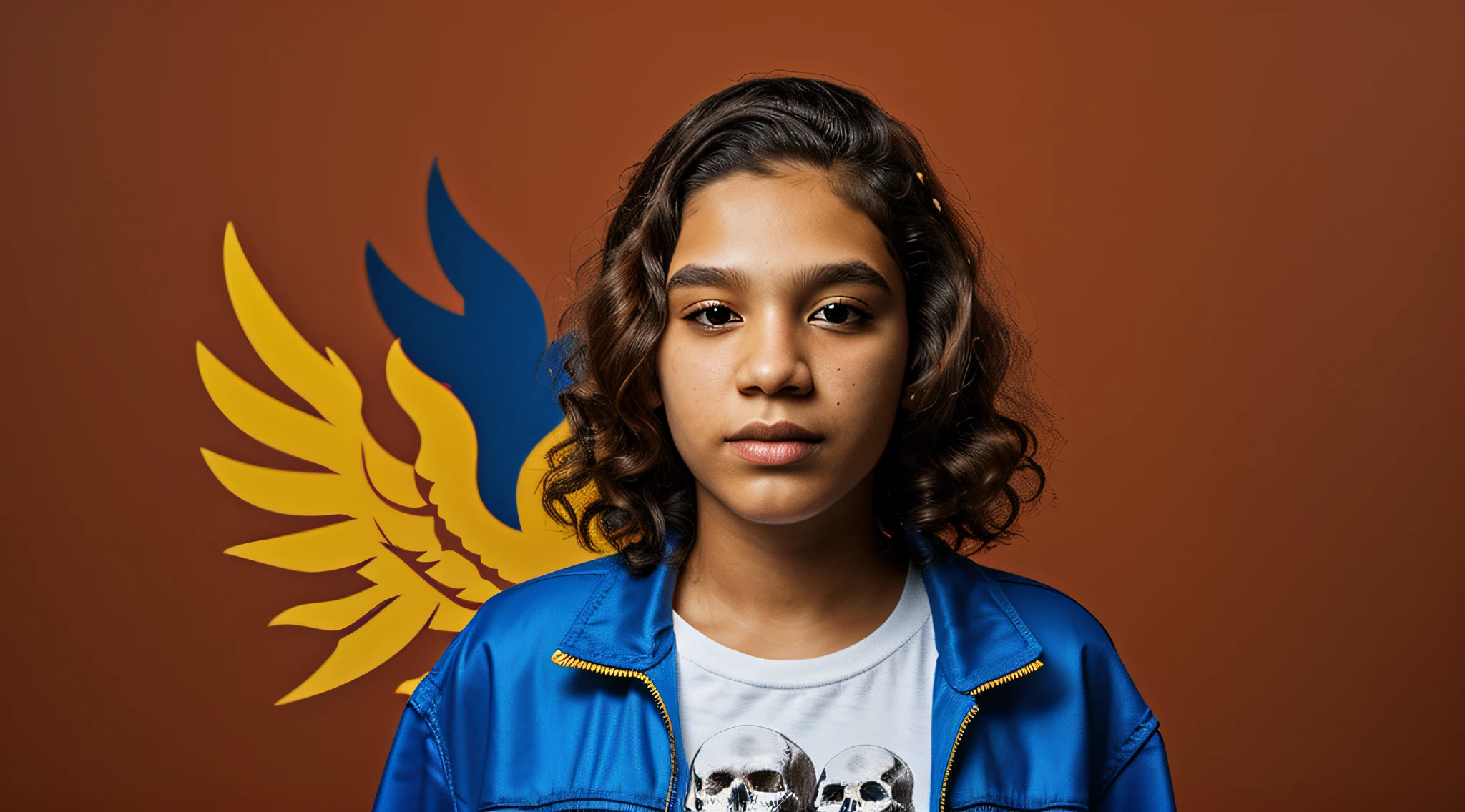 KIDS cabelo loiro comprido, there are three skulls with a phoenix