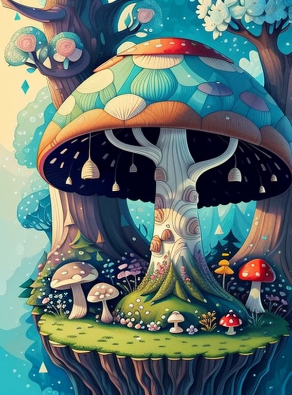 (cute mushroom with flowers and trees) Munchkin ,Geometric multidimensional wall portrait, livro de arte, Tchibi,
Yang08k, Beautiful, Colouring,
Obras, of the highest quality, best quality, Arte Oficial, Beautiful and Aesthetic,