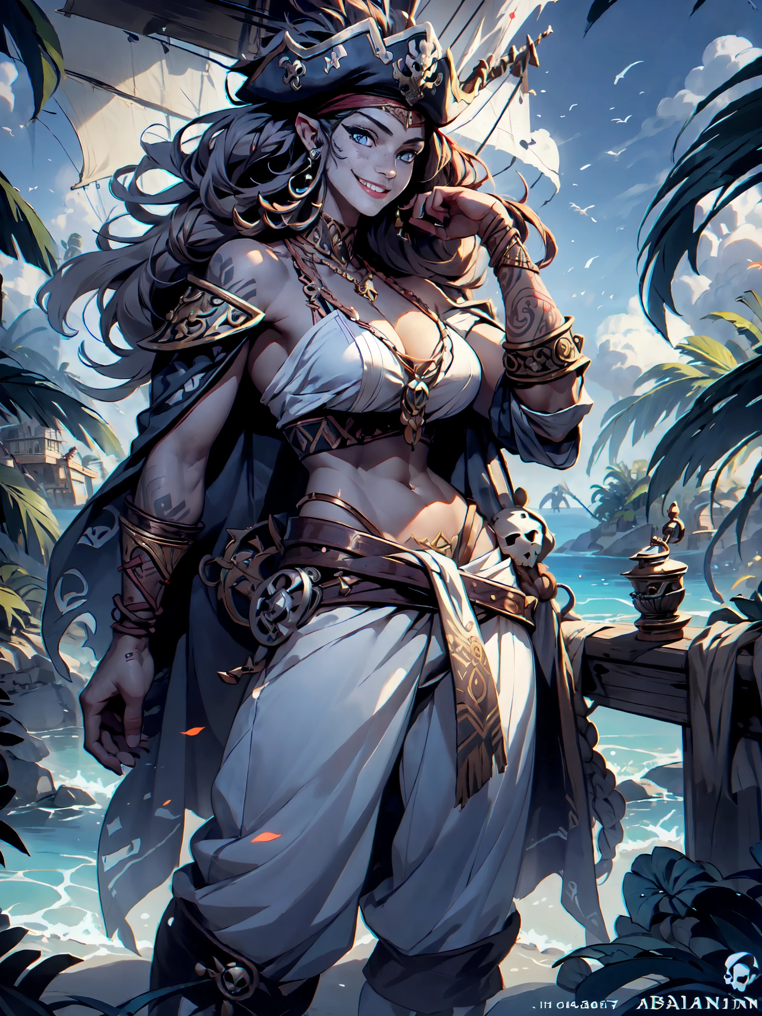 female adult Goliath, giant , tall , titan , fantasy , gray skin , light gray skin , bright gray skin , dark brown hair , blue eyes , smiling , arm up , barbarian , gray skin , white pirate hat , white pirate long cape , pirate bra , pirate white pants , barbarian white hand gloves , body portrait , fur white shoulder armor , facial red tribal tattoos , red tribal tattoos , native American theme, sunrise , day time , stand on pirates ship on sea , pirates ships