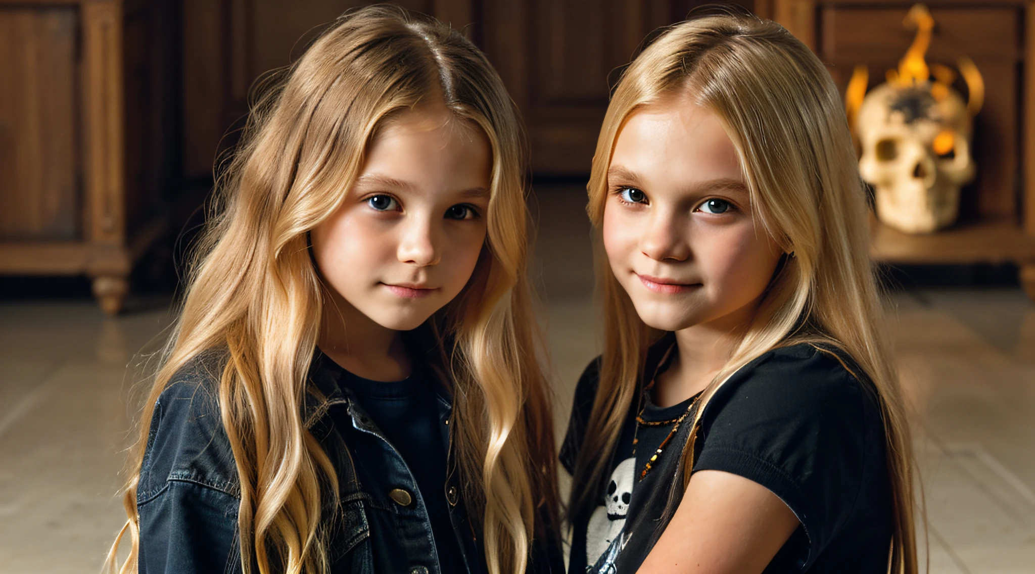 KIDS GIRL CHILD long blonde hair, there are three skulls with a phoenix