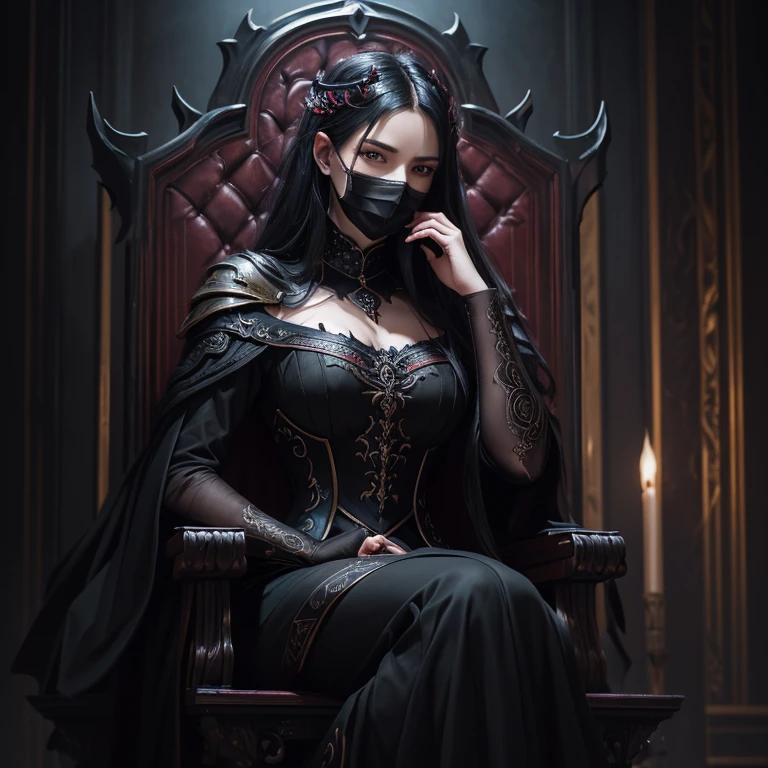 (elegant painting,woman,evil but elegant:1.1,black-haired,dark powers,modest clothing,throne,darkness,face mask,chaos blades,strong,elegant pose),(best quality,4k,highres:1.2),ultra-detailed,(realistic:1.37),(oil painting),(vivid colors,moody atmosphere),(soft lighting),(deep red color tone)