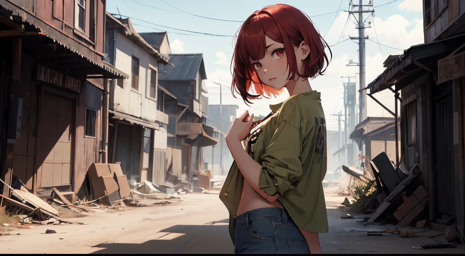 Clementine, brown hair, brown eyes,  medium hair, 
dirty clothes, white shirt,   medium breasts, 
 standing,   leaning to the side, 
cloudy, dusk,  junkyard, 
(insanely detailed, beautiful detailed face,beautiful detailed eyes, masterpiece, best quality),
 
