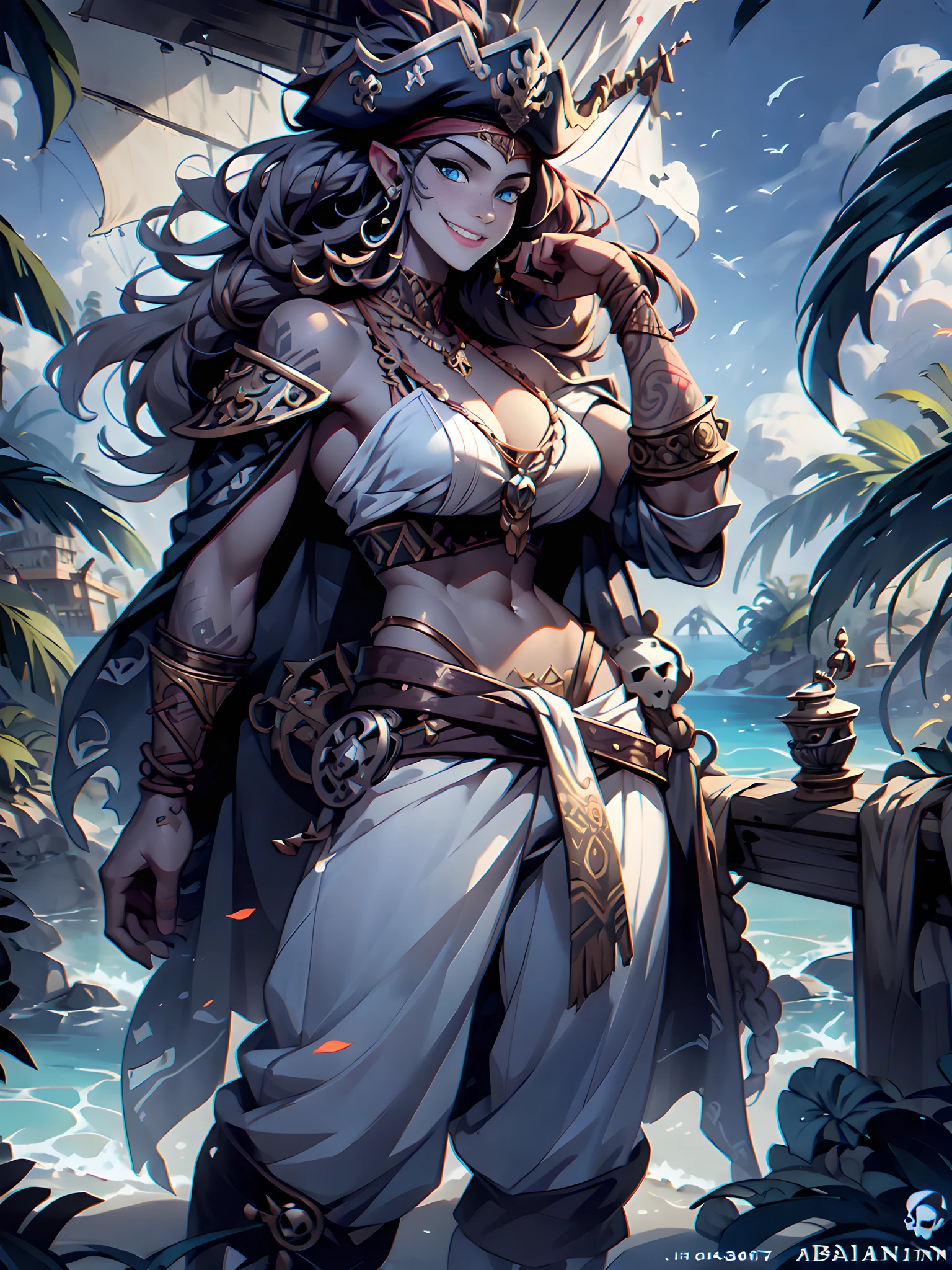 adult female goliath, giant , Tall , giant , fantasy , Gray skin , Light gray skin , bright gray skin , dark-brown hair , Blue Eyes , Smiles , arm up , barbarian , Gray skin , white pirate hat , Long white pirate robe , pirate underwear , white pirate pants , Barbarian's White Gloves , body portrait , white fur shoulder armor , Red tribal tattoo on face , red tribal tattoo , native american theme, sunrise , day , Standing on a pirate ship in the sea , pirate