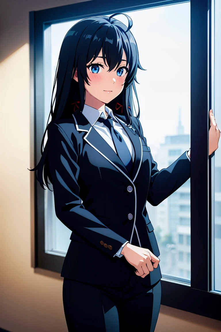 masterpiece, best quality, highres, absurdres, yukinoshita_yukino, 1girl, ahoge, black hair, aqua eyes, red ribbon, anime , yukinoshita yukino in a suit and tie standing in front of a window, 1girl, solo, necktie, black hair, blue eyes, long hair, smile, jacket, looking at viewer, shirt, pants, blue necktie, collared shirt, white pants, white shirt, indoors, bangs, long sleeves, closed mouth, window, black jacket, blush, cowboy shot, formal, suit