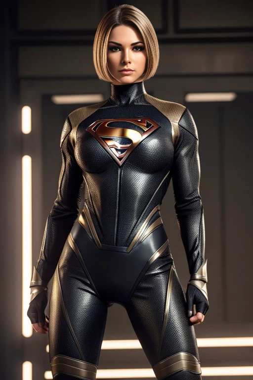 4k highly detailed realistic female superhero dressed in cropped carbon fiber, beige hair in a short undercut bob hairstyle, hair covering one eye, ((sharp Jawline)), (full body Including Legs), Seduction and fantastic poses