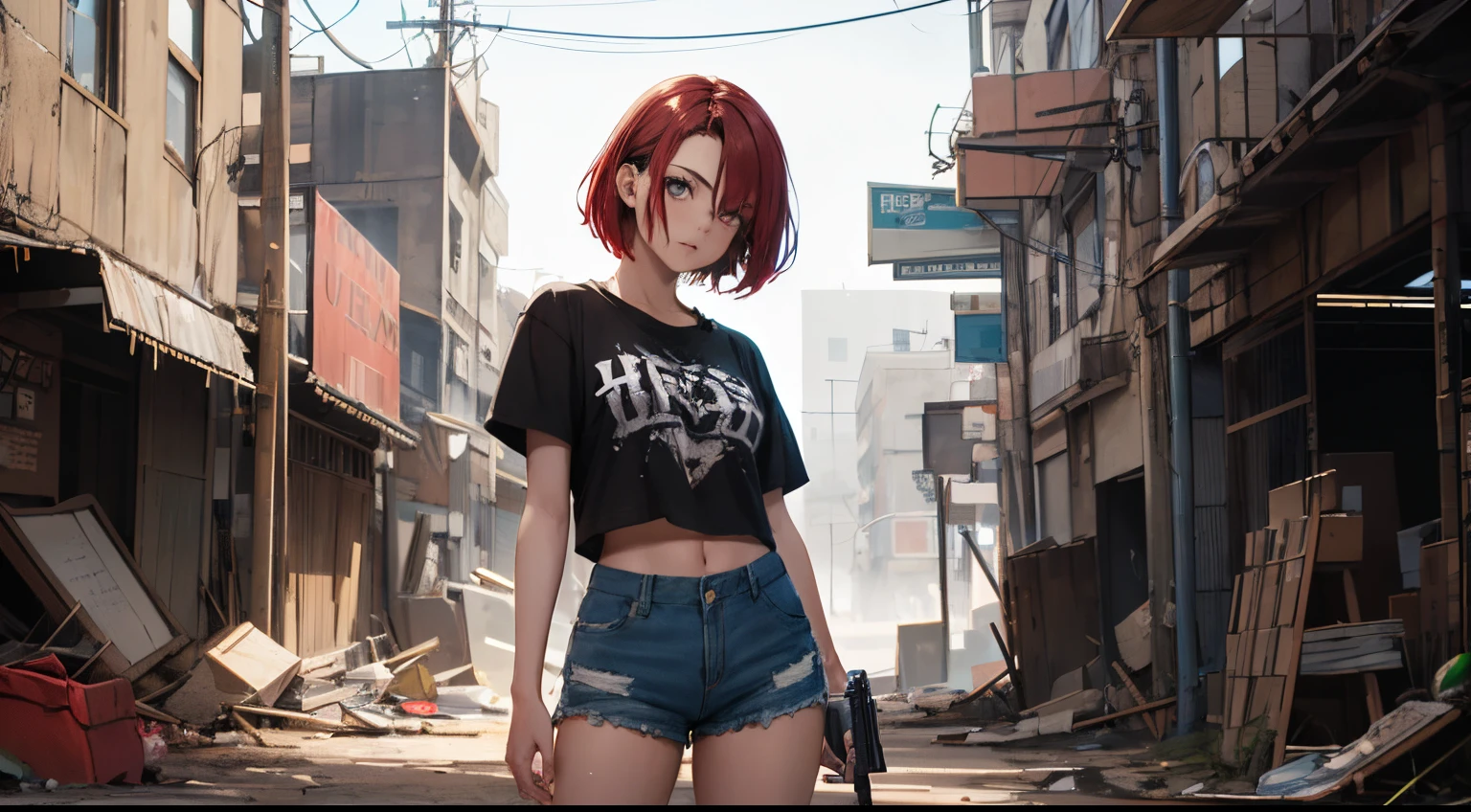1girl, short red hair, chartreuse eyes, wearing shredded shirt, denim shorts, holding pistol, wasteland, absurdes, high res, ultrasharp, 8k, masterpiece, looking at viewer