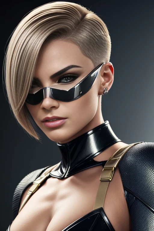 4k highly detailed realistic female supervillain dressed in cropped carbon fiber, beige hair in a short undercut bob hairstyle, hair covering one eye, ((sharp Jawline)), (full body Including Legs), Seduction and fantastic poses