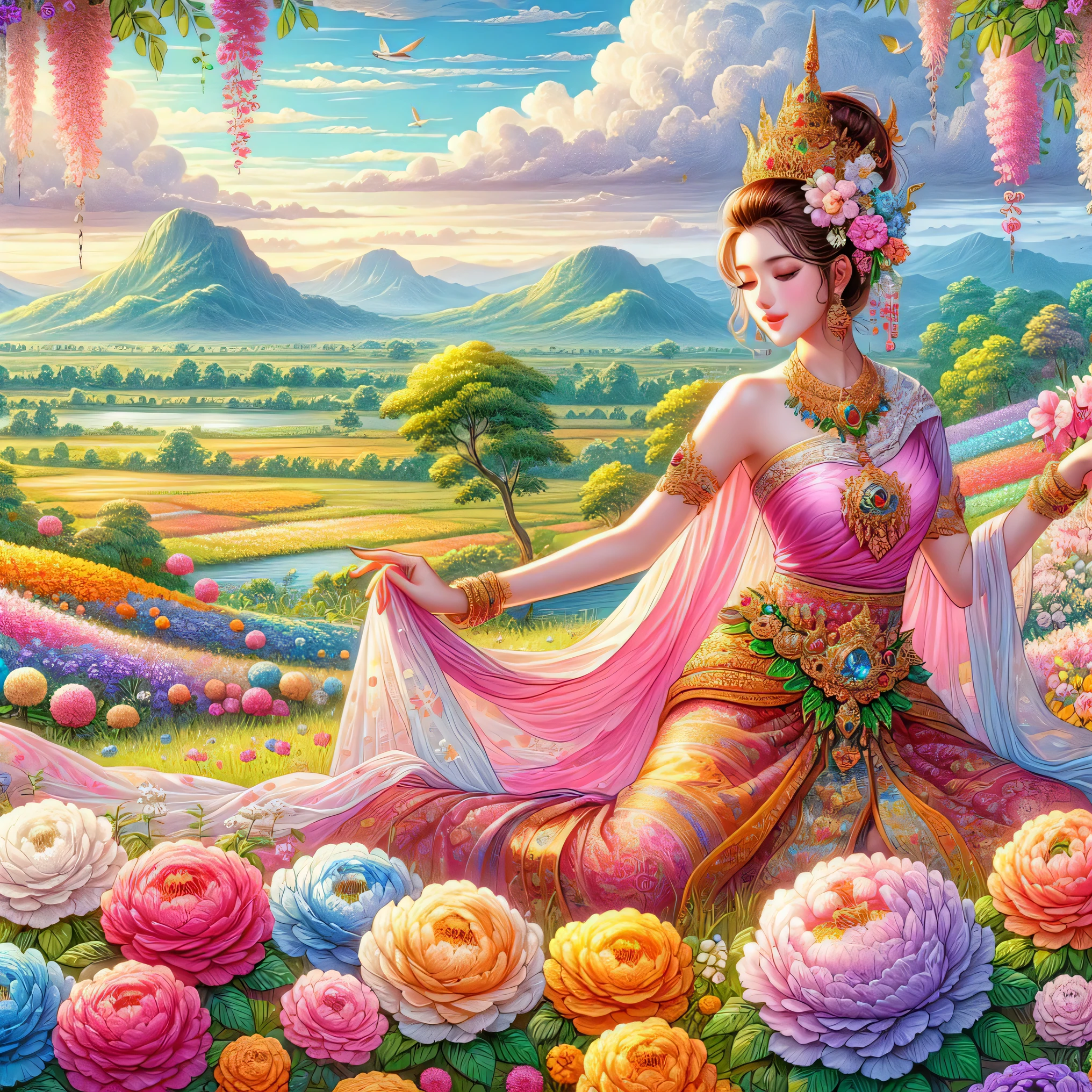 a painting of a woman in a pink dress sitting in a field of flowers, a goddess in a field of flowers, a beautiful fantasy empress, flower goddess, thailand art, beautiful art uhd 4 k, fantasy beautiful, beautiful digital artwork, beautiful gorgeous digital art, beautiful goddess, beautiful detailed fantasy, beautiful digital art, pink lotus queen, goddess of love and peace