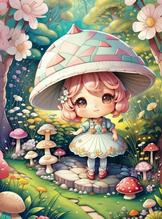 (cute mushroom with flowers in a beautiful garden) Munchkin ,Geometric multidimensional wall portrait, livro de arte, Tchibi,
Yang08k, Beautiful, Colouring,
Obras, of the highest quality, best quality, Arte Oficial, Beautiful and Aesthetic,
