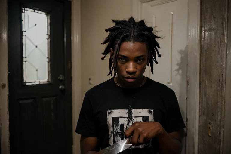 ager black male short dreads with fade hairstyle looking in front of him at a dark house black t shirt with dark dramatic blood stain holding knife door to house is open with a hand coming out of it