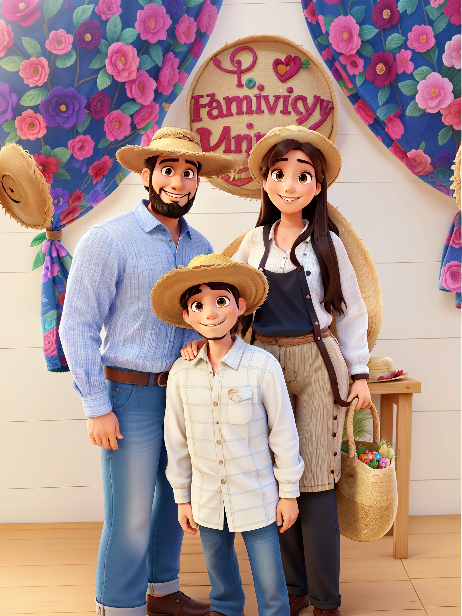 happy family, man with beard and straw hat, 7 year old boy with straw hat, brunette woman with straw hat, celebrating arraiá Disney pixar style best quality
