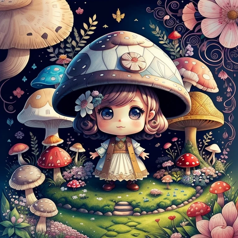 (cute mushroom with flowers in a beautiful garden) Munchkin ,Geometric multidimensional wall portrait, livro de arte, Tchibi,
Yang08k, Beautiful, Colouring,
Obras, of the highest quality, best quality, Arte Oficial, Beautiful and Aesthetic,