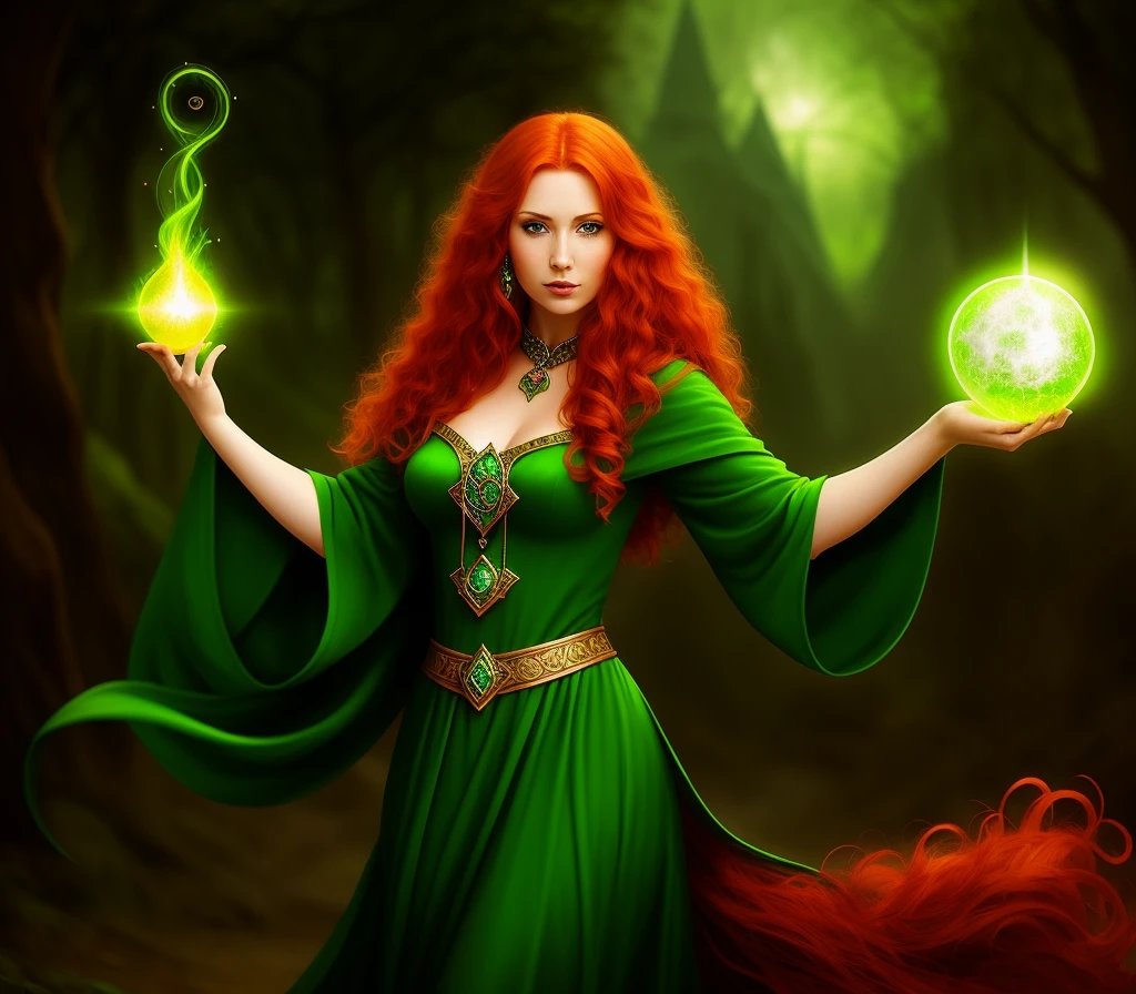 redhead haired woman in green dress holding a glowing orb, beautiful sorceress, a beautiful sorceress, beautiful sorceress female, fantasy style art, mighty plump female sorceress, portrait of a sorceress, fantasy card game art, fantasy art behance, sorceress, sorceress woman, celtic fantasy art, fantasy art style