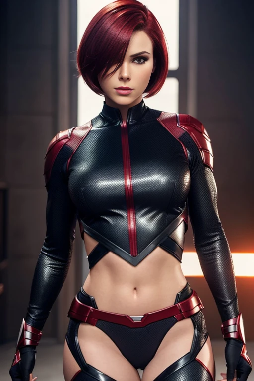 4k highly detailed realistic female superhero dressed in cropped carbon fiber, deep red hair in a short undercut bob hairstyle, hair covering one eye, ((sharp Jawline)), (full body Including Legs), Seduction and fantastic poses