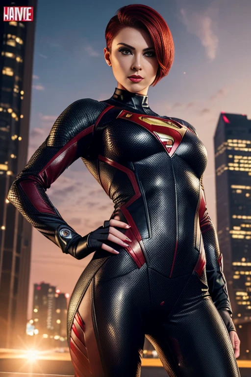 4k highly detailed realistic female superhero dressed in cropped carbon fiber, deep red hair in a short undercut bob hairstyle, hair covering one eye, ((sharp Jawline)), (full body Including Legs), Seduction and fantastic poses
