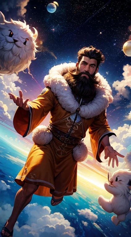 A Guatemala man, short hair, fluffy beard, floating around space