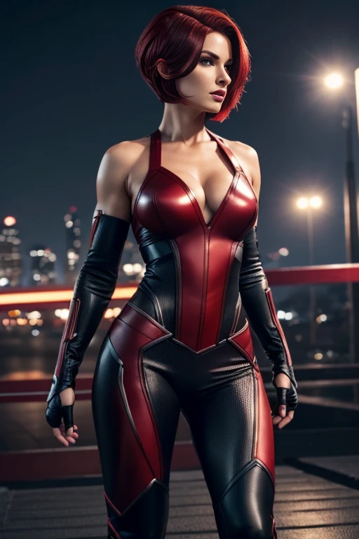 4k highly detailed realistic female superhero dressed in cropped carbon fiber, deep red hair in a short undercut bob hairstyle, hair covering one eye, ((sharp Jawline)), (full body Including Legs), Seduction and fantastic poses