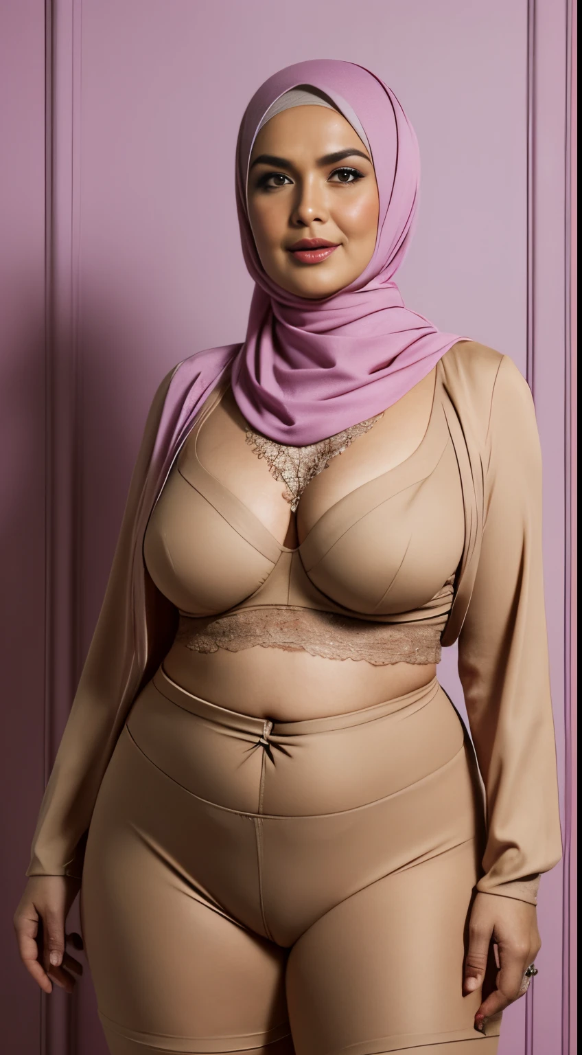 Vogue style photo shoot of malay 40 years old matured woman in hijab wear lilac cotton bra and shorts jeans with pastel colored background in Wes Anderson style, detail skin texture, big sagging breast, dark tits, camel toe, saggy breast, wide hips, thick thighs, beer belly, curvy, hyper - realistic photography, Wes Anderson style, full body, 8k, close - up shot, extreme close - up photo