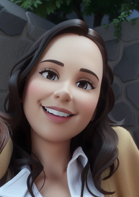 DISNEY PIXAR STYLE 3D MOVIE POSTER WITH THE TEXT "teacher Katia" University professor, young 47 years old, smiling, chic and wise, fair skin, round face, shoulder-length and dark wavy hair, dark brown eyes, medium-sized eyes and medium mouth, potato nose, overweight, wearing a black dress with a V-neck, high heels, in a chic office.