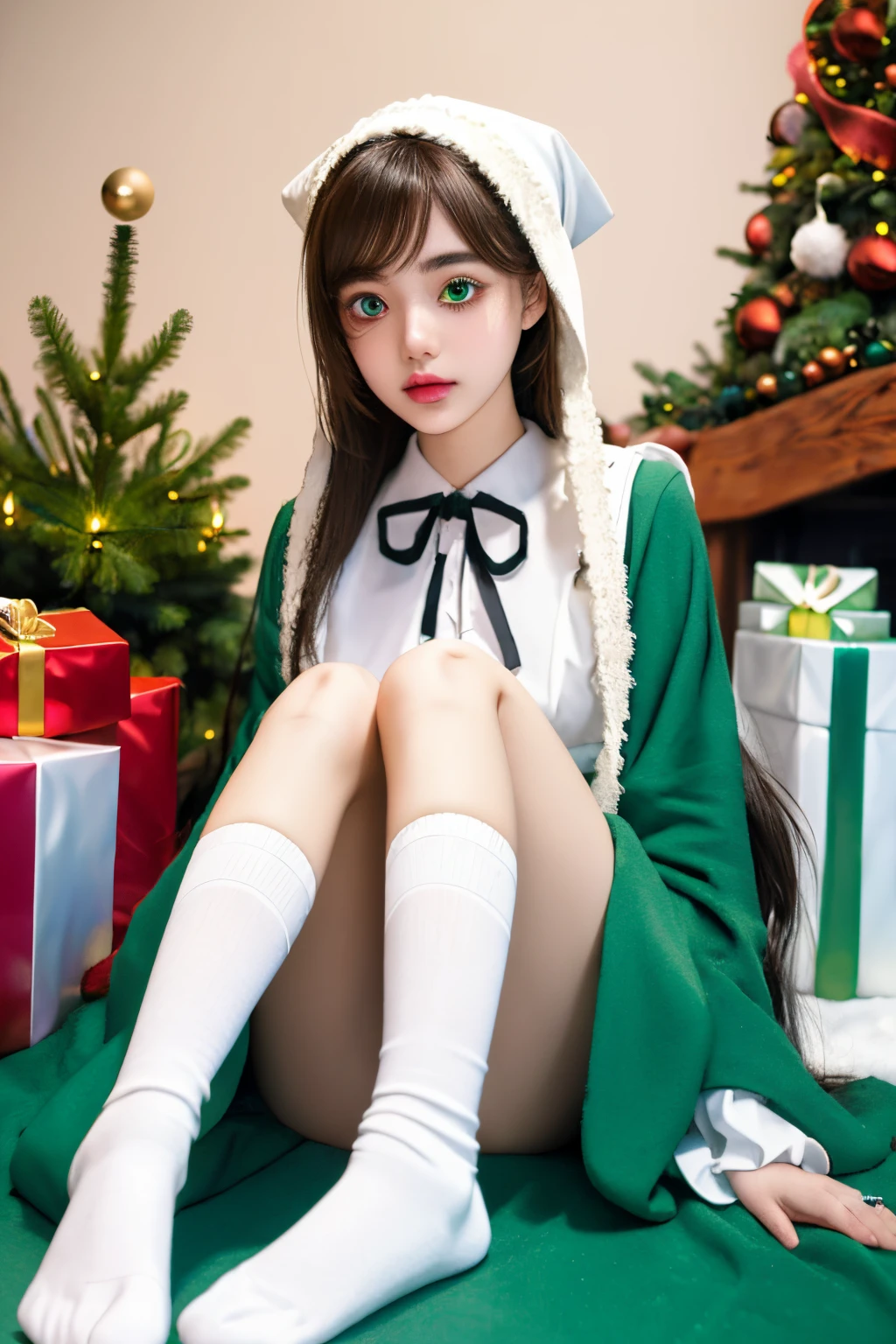 (Masterpiece,Best Quality, Detailed), 1girl,yo, 独奏, suiseiseki, (Heterochromia:1.5),Christmas tree in the background,(Christmas;vibe)bonnet, head scarf, Heterochromia, green dress, neck ribbon, White Double Drill Socks, Shoes doll joints,Heterochromia suiseiseki, twin drills, long hair hood, white headwear, Shawl Doll joints