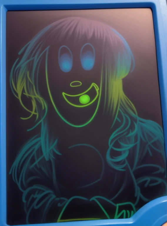 a close-up of a drawing on a blue tablet with a child, Doodle em sala de aula, Descrito!!!, retrato antigo do monstro do neon, mal desenhado, pencil face, quadro, Pessoas brilhantes, rosto azul brilhante, desenho a giz, Arte delineada, Risquei, em preto , glowing rainbow face, arte em pastel, artista desconhecido, Desenho de giz de cera de 7 anos