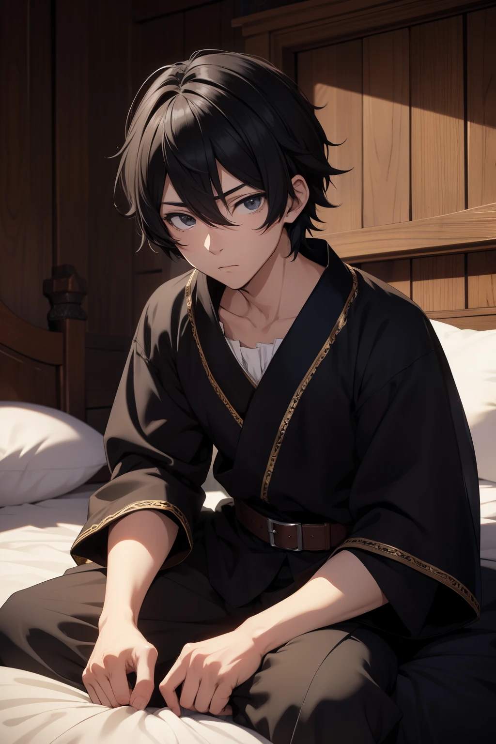 Anime character (high quality) (ultra detailed). A 16 year old boy, medieval noble sleepwear, messy black hair, black eyes, surprised, sitting on a medieval noble bed.