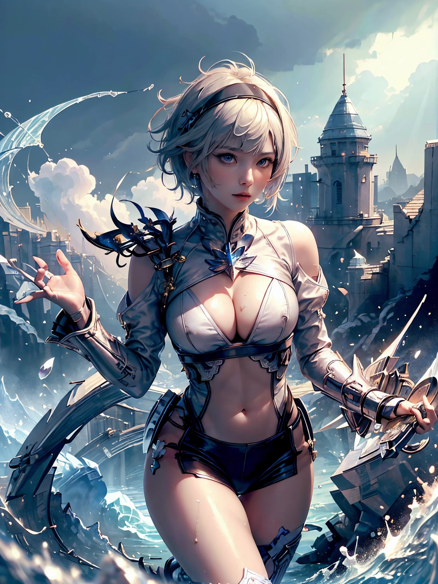 (( (tmasterpiece),(Very detailed CG Unity 8K wallpaper),(bustshot:1.5), best qualtiy,cinmatic lighting,Photorealsitic, 细致背景,Beautifully detailed right pupil,(Very fine and beautiful),(Beautiful and detailed eyes description),ultra - detailed,tmasterpiece,hight resolution)), Richly decorated armor, a beautiful woman warrior, Shorthair, Platinum Blonde Hair, cleavage of the breast, (Perfect Anatomy:1.2)