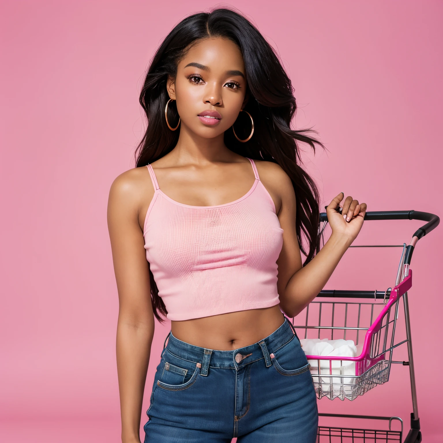 an ultra realistic, 8k photo of an African-American woman with long hair, holding a shopping cart, wearing pink top and black jeans, pink background