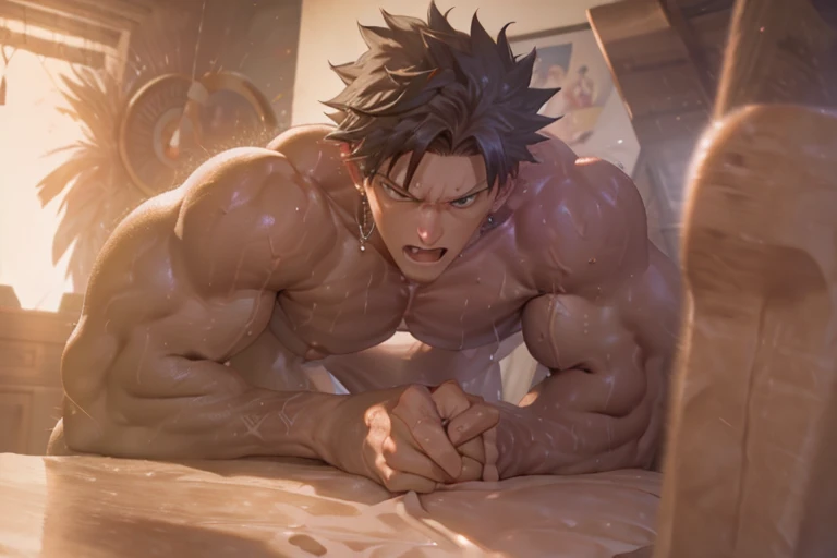 (best quality,4k,8k,highres,masterpiece:1.2),ultra-detailed,(realistic,photorealistic,photo-realistic:1.37), HDR, UHD, studio lighting, ultra-fine painting, sharp focus, physically-based rendering, extreme detail description, professional, vivid colors, bokeh, portraits, anime, passionate, intense, sweaty, muscular, fit, Bakugou Katsuki, Gray Fullbuster, 2 boys, living room, doggy style, front view