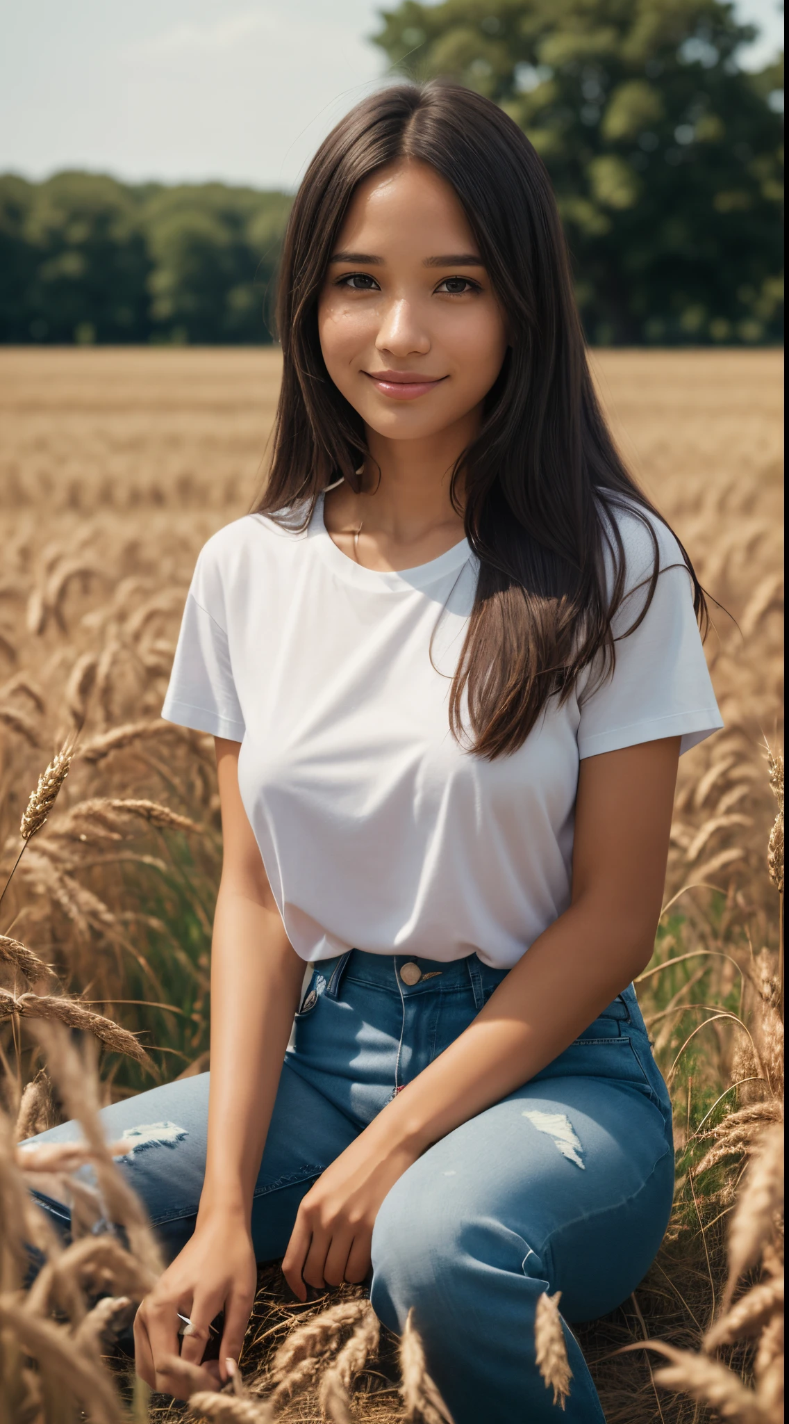 Foto hiperrealista en primer plano de Kelsey Asbille (native American ((olive dark skin))), masterpiece, best quality, (photorealistic:1.4), full body, (white oversize male t-shirt:1.1), (blue jeans:1.2), brown sandals, sits in a field of ripe wheat, the wheat covers it, summer day, cinematic light, beautiful woman, skinny, large breasts, black long hair, detailed face, smile, facing the camera, photo taken from a distance, age of 25 years old
