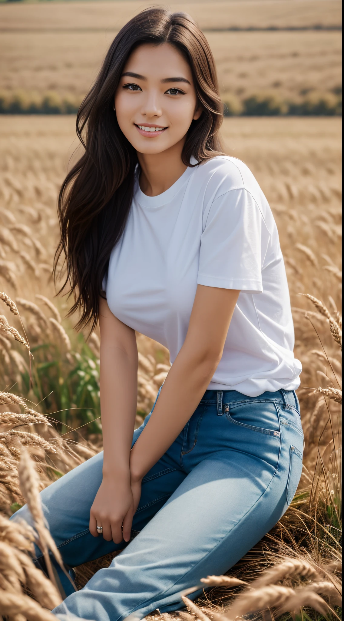 Foto hiperrealista en primer plano de Kim Joo, masterpiece, best quality, (photorealistic:1.4), full body, (white oversize male t-shirt:1.1), (blue jeans:1.2), brown sandals, sits in a field of ripe wheat, the wheat covers it, summer day, beautiful woman, skinny, large big breasts, black long hair, detailed face, smile, facing the camera, photo taken from a distance, age of 25 years old