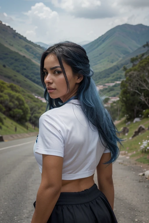 (best quality, 4K, High resolution, best details, Masterpiece: 1.2), tanned skin, beautiful ultra-detailed, (Realistic, photorealistic, photo-realistic: 1.37), photorealistic, Best quality, hyper detailed, Close up of a portrait, Best shade, Beautiful sexy latin fitness girl from Venezuela, 21-year-old, Young girl, blue eyes!, gorgeous symmetric face, blue hair!!!, Almond eyes, full lips, a black sport skirt, BLACK and white sport tee shirt, walking in the mountain in Venezuela. photo taken from the back