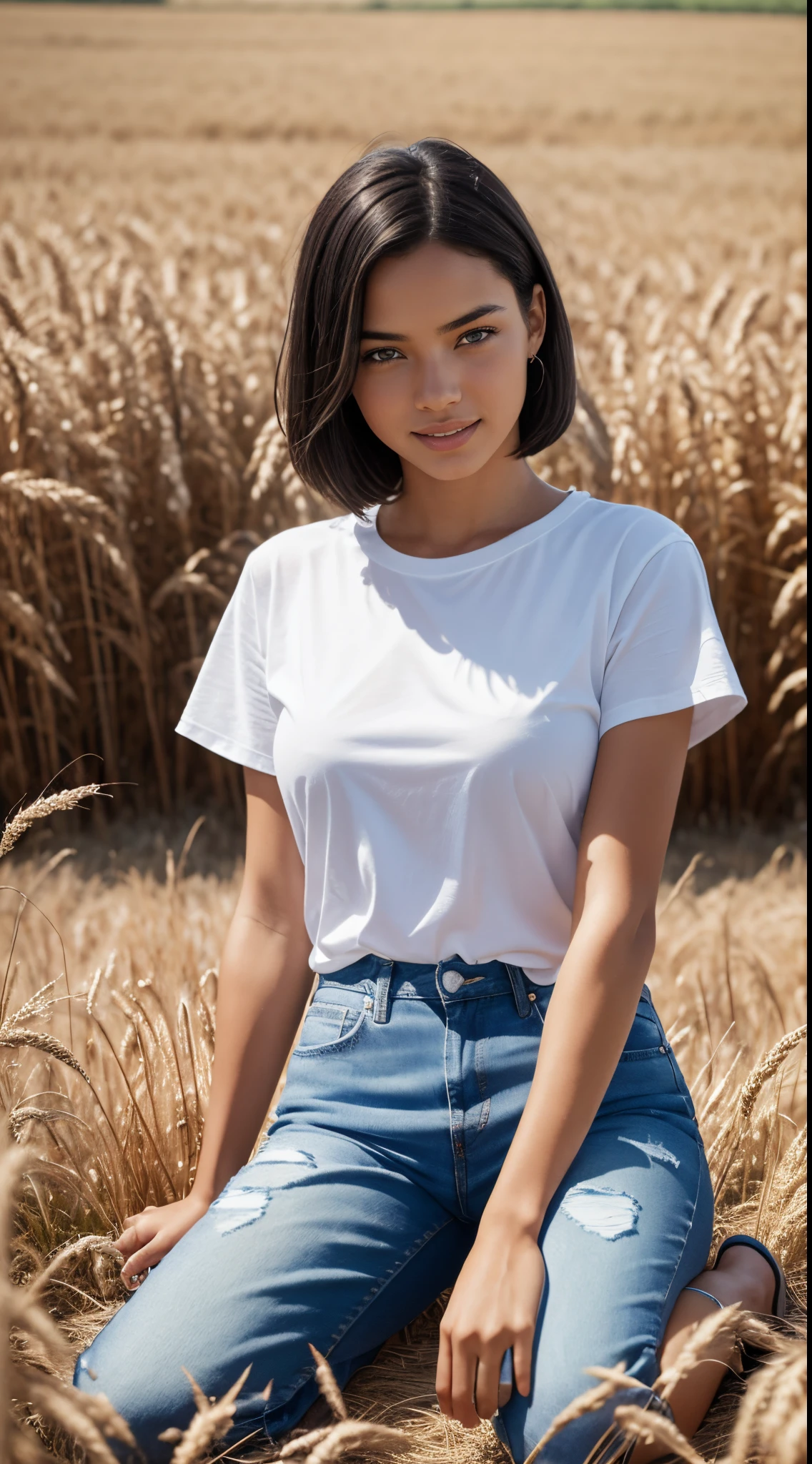 Foto hiperrealista en primer plano de Adriana Lima,, masterpiece, best quality, (photorealistic:1.4), full body, (white oversize male t-shirt:1.1), (blue jeans:1.2), brown sandals, sits in a field of ripe wheat, the wheat covers it, summer day, cinematic light, beautiful woman, skinny, medium breasts, black short hair (bob short hair:1.2), detailed face, smile, facing the camera, photo taken from a distance, age of , smile