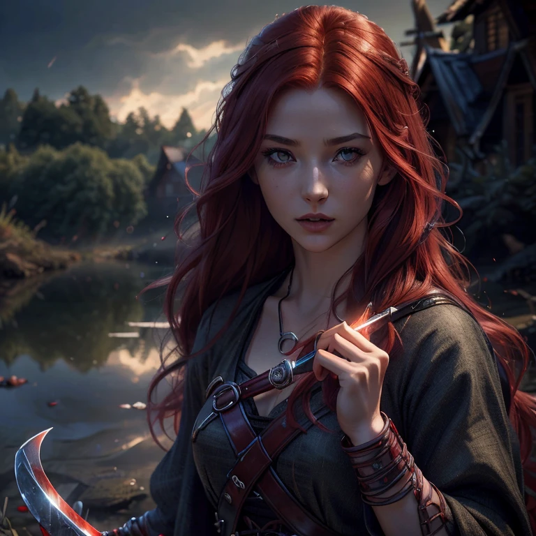 red haired woman,young,village girl,vampire,modest village clothing,majestic,blood powers,bloody sword,goggles,illustration,ultra-detailed,(realistic,photorealistic,photo-realistic:1.37),HDR,UHD,studio lighting,extremely detailed eyes and face,long eyelashes,detailed lips,beautiful detailed eyes,portraits,colorful,colorful light